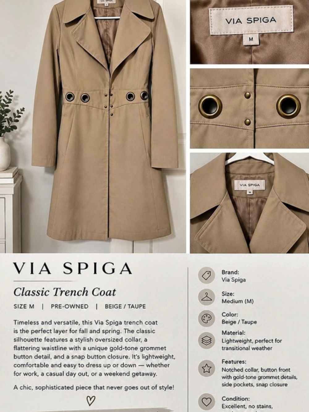 Via Spiga Classic Trench Coat Trench Coat in Brown Size Medium Like New